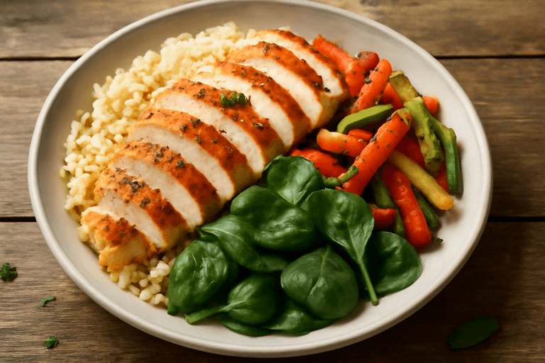 Grillowana pierś z kurczaka z warzywami i brązowym ryżem