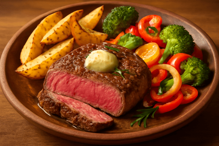 Saftiges Rindersteak mit Ofenkartoffeln und buntem Gemüse