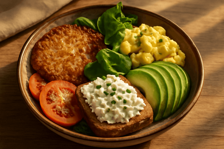 Herzhafte Frühstücks-Bowl mit Rührei, Rösti & Avocado