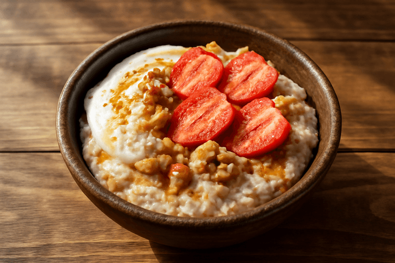 Овсянка с греческим йогуртом, ягодами и орехами