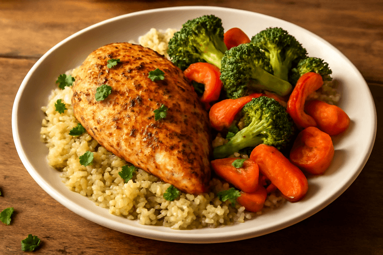 Запечённое куриное филе с овощами и киноа