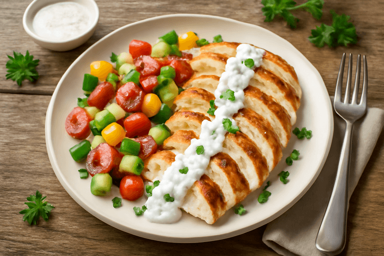 Куриная грудка-гриль с овощным салатом и греческим йогуртом