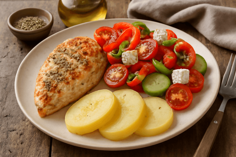 Κοτόπουλο Σχάρας με Σαλάτα Χρωμάτων & Βραστή Πατάτα