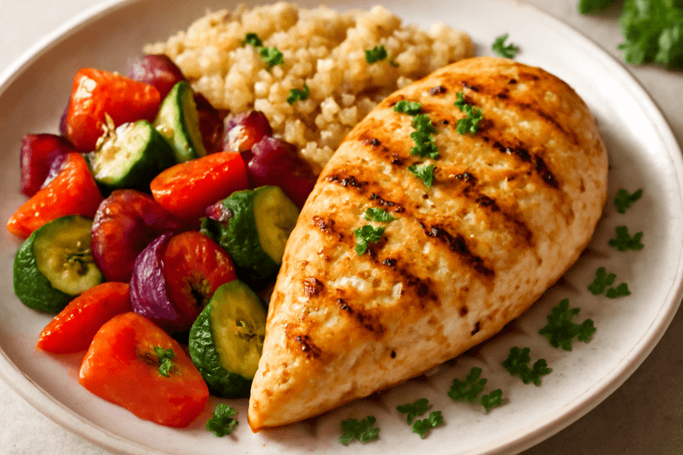 Kipfilet met geroosterde groenten en quinoa