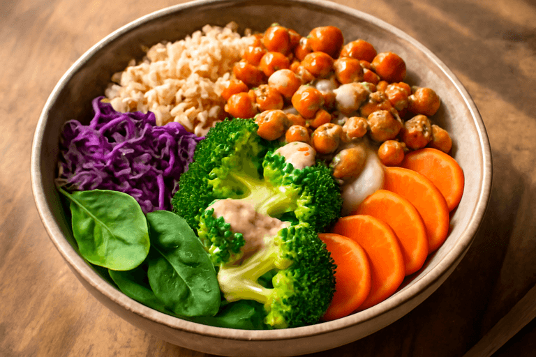 Leichte vegane Buddha-Bowl mit Kichererbsen und Quinoa