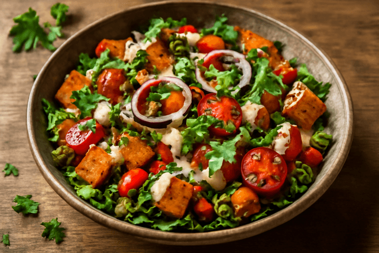 Veganer Linsensalat mit gebackenem Gemüse und Tahini-Zitronen-Dressing