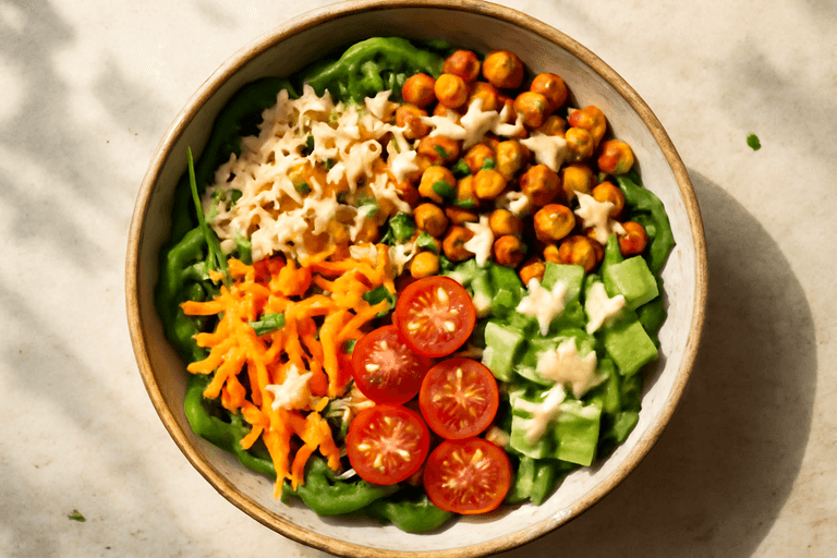 Bunter Quinoa-Gemüse-Bowl mit gerösteten Kichererbsen