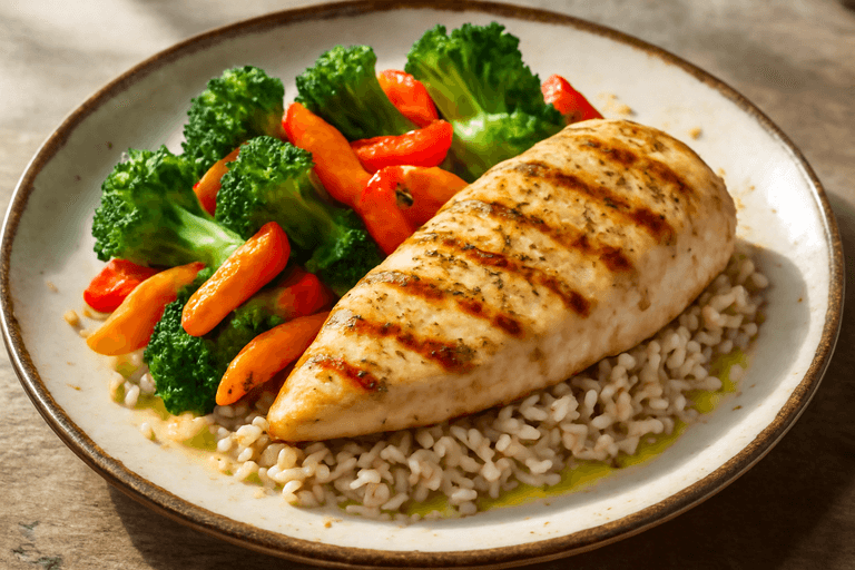 Κοτόπουλο ψητό με λαχανικά και καστανό ρύζι