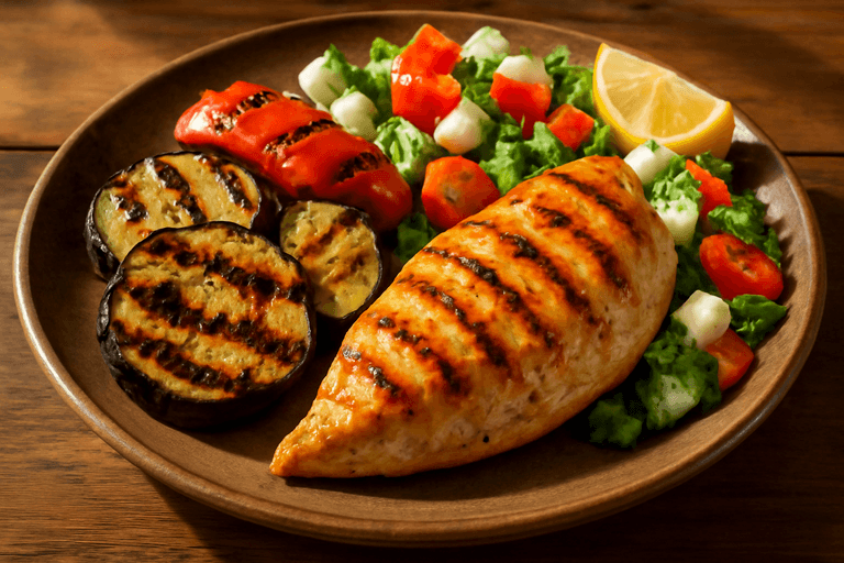 Κοτόπουλο Σχάρας με Ψητά Λαχανικά και Δροσιστική Σαλάτα