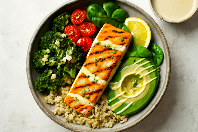 Grilled Salmon Power Bowl with Lemon-Tahini Dressing