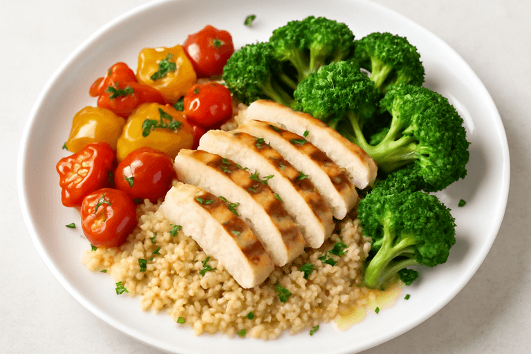 Куриная грудка на гриле с овощами и киноа