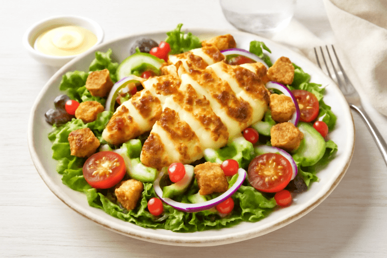 Knapperige kipsalade met groenten en volkoren croutons