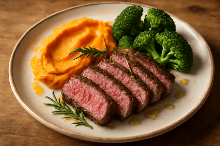 Proteinreiches Rinderfilet mit Süßkartoffelpüree und Brokkoli