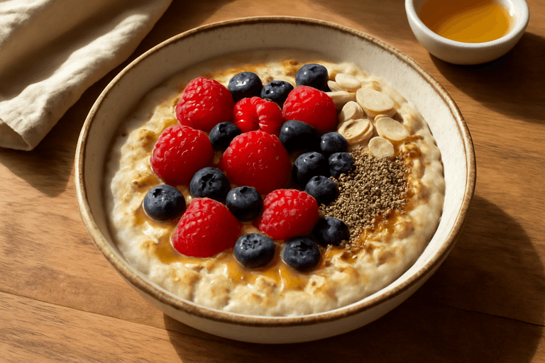 Bowl clásico de avena con frutos rojos y semillas