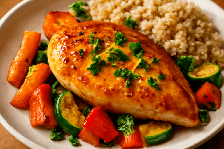 Saftig kycklingfilé med rostade grönsaker och quinoa