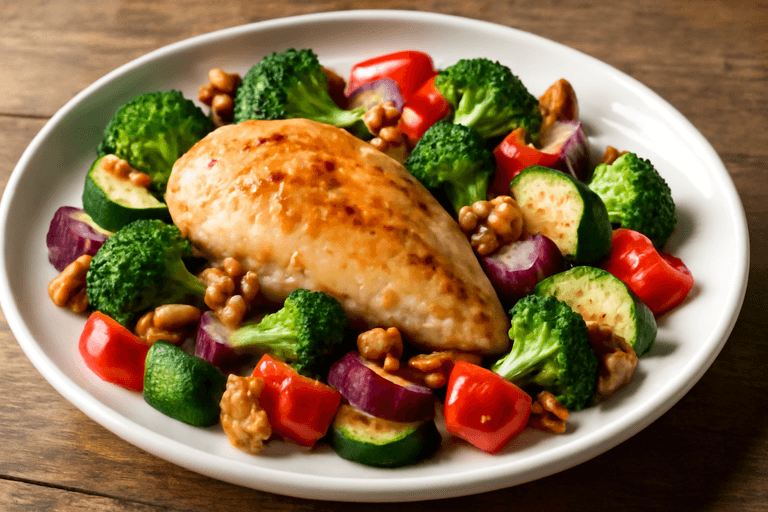 Pieczona pierś z kurczaka z warzywami i orzechami włoskimi