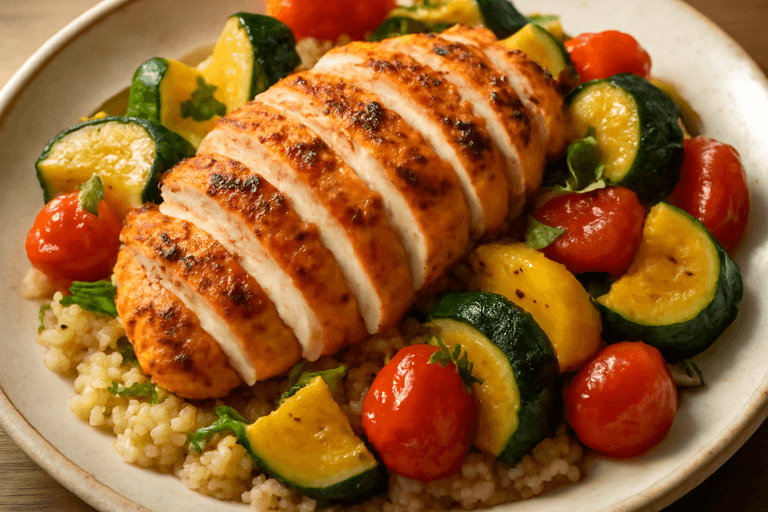 Gegrilde kipfilet met geroosterde groenten en quinoa