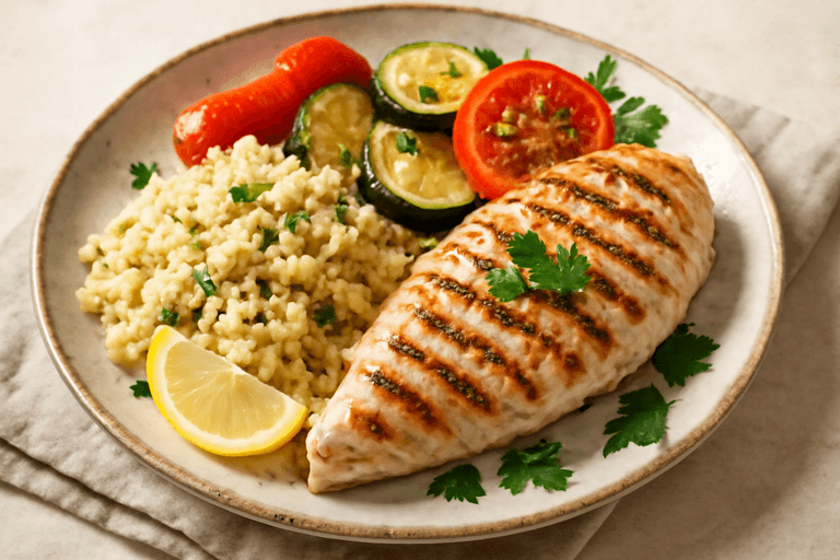 Κοτόπουλο Σχάρας με Πλιγούρι και Ψητά Λαχανικά