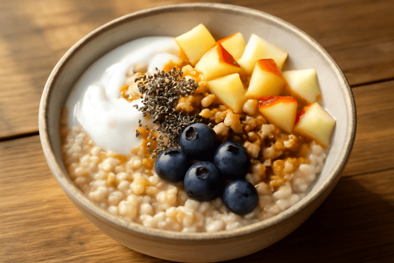 Tazón de desayuno de avena integral con yogur y frutas frescas