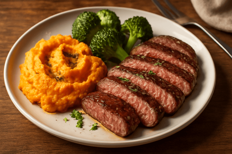 Proteinreiches Rindersteak mit Süßkartoffelstampf und Brokkoli