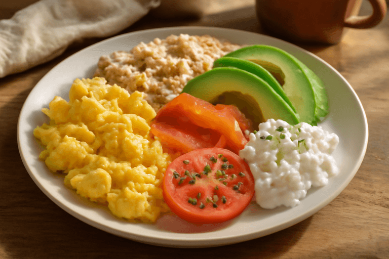 Proteinreiches Farmer-Frühstück mit Hafer, Eiern und Avocado