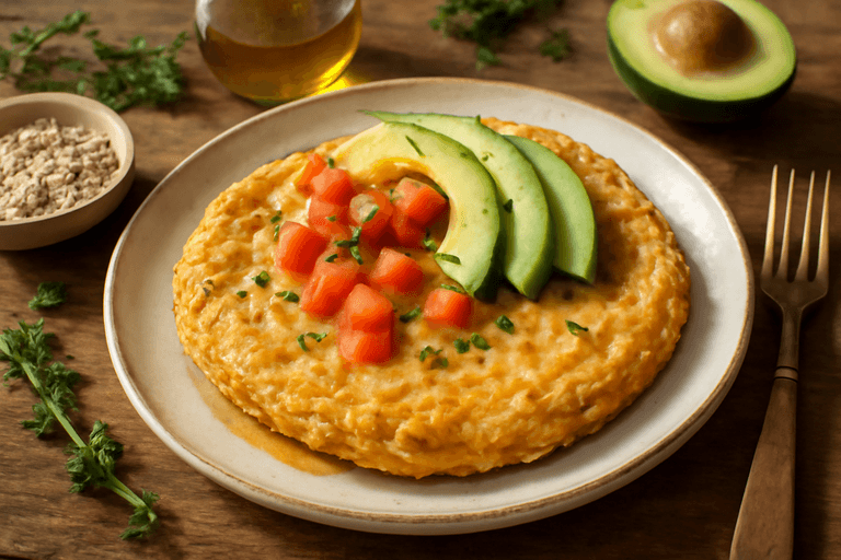 Herzhaftes Frühstücks-Omelett mit Hafer und Avocado