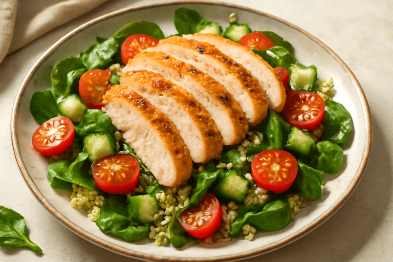 Piept de pui la grătar cu salată de quinoa și legume proaspete