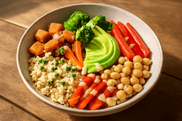 Veganer Quinoa-Gemüse-Bowl mit Zitronen-Tahini-Dressing