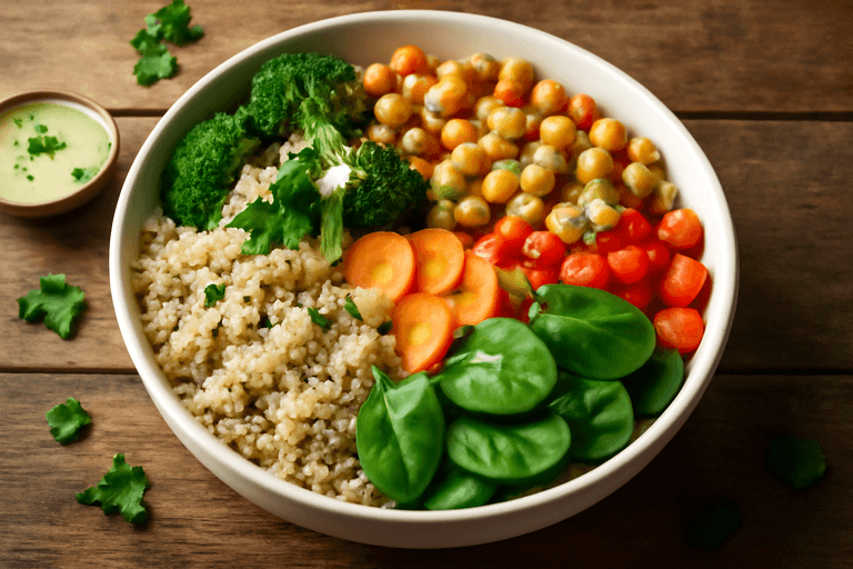 Proteinreicher Quinoa-Gemüse-Bowl mit Tahini-Dressing