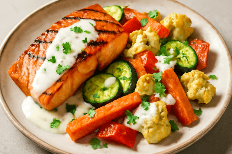 Gegrilde Zalm met Geroosterde Groenten & Citroen-Yoghurtsaus