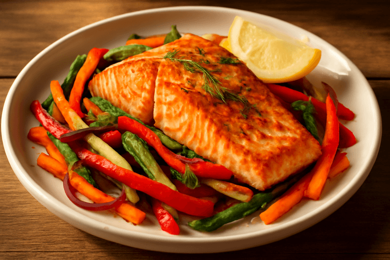 Pieczony łosoś z warzywami i koperkiem