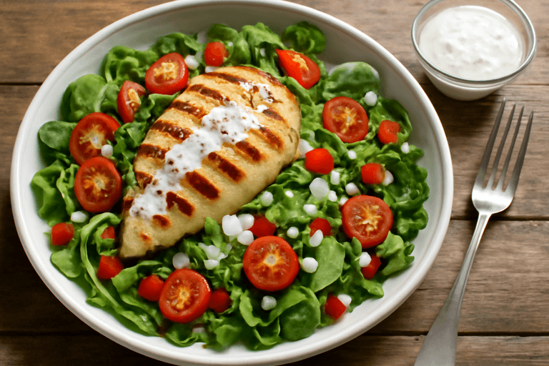 Salată clasică cu piept de pui la grătar și dressing ușor de iaurt