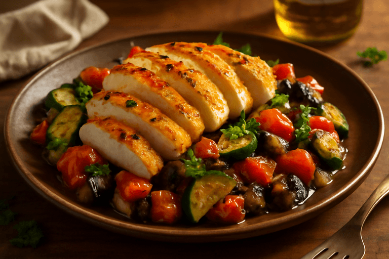 Gebratene Hähnchenbrust mit mediterranem Gemüse