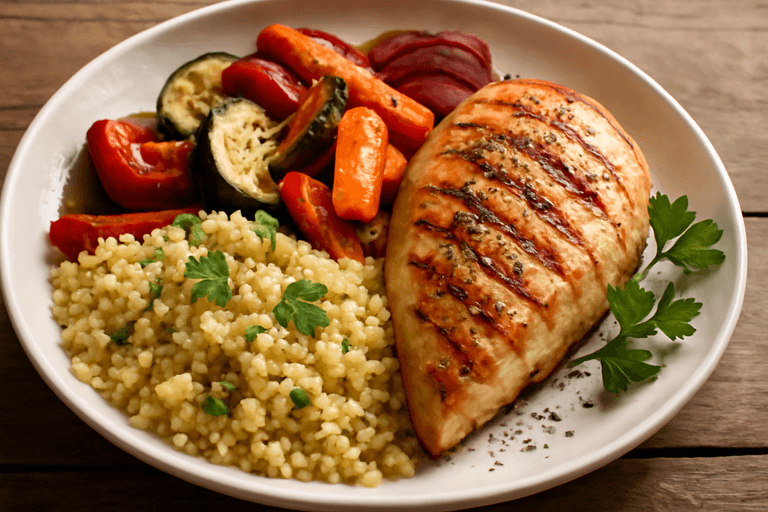 Kipfilet met geroosterde groenten en quinoa