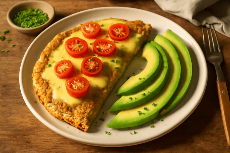 Kraftvolles Frühstücks-Protein-Omelett mit Haferflocken und Avocado
