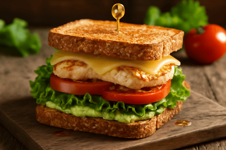 Kräftiges Hähnchenbrust-Club-Sandwich mit Avocado und Vollkornbrot