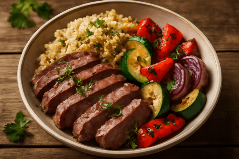 Herzhafte Rindersteak-Bowl mit Quinoa und Grillgemüse