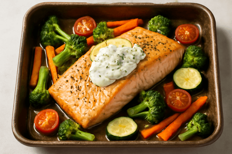 Ovnsbakt laks med grønnsaker og urtedressing