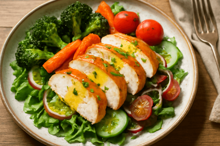 Kyllingsalat med ovnsbakte grønnsaker og sitrondressing