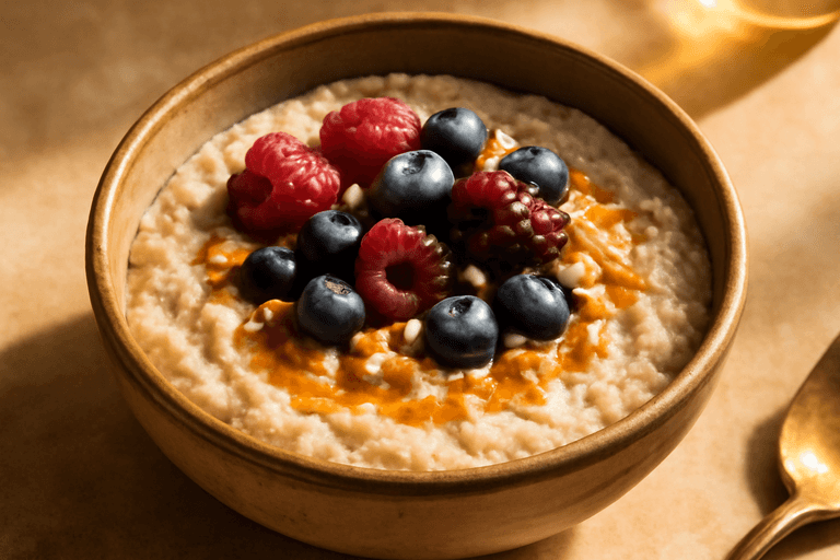 Veganer Power-Protein Porridge mit Beeren & Mandeln