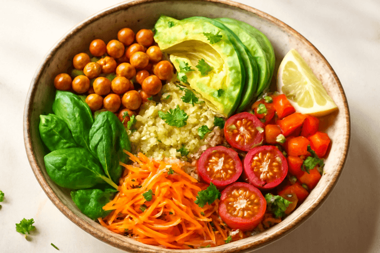 Veganer Quinoa-Gemüse-Bowl mit Avocado und Kichererbsen