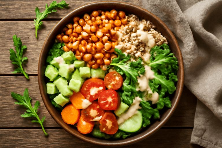 Gerösteter Kichererbsen-Quinoa-Salat mit Avocado und Tahini-Dressing