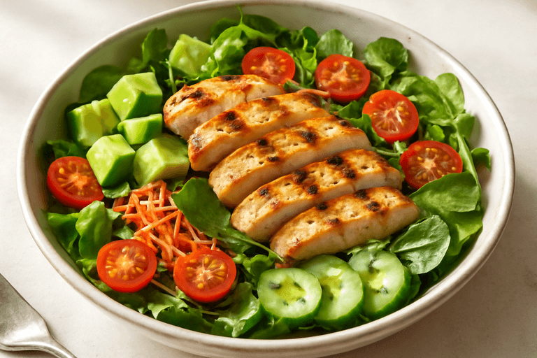 Ensalada clásica de pollo con aguacate y vinagreta de limón