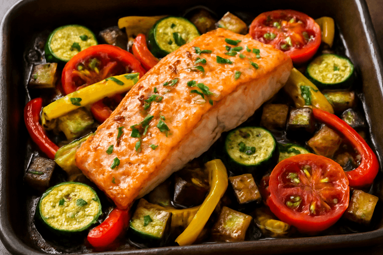 Salmón al Horno con Verduras Mediterráneas