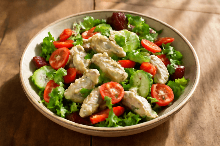 Лёгкий куриный салат с овощами и йогуртовой заправкой