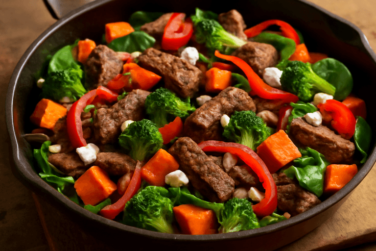 Kräftige Rinderpfanne mit Süßkartoffeln und Gemüse