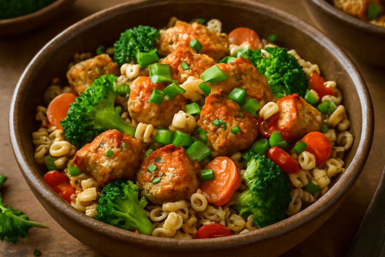 Herzhafte Hähnchenreis-Bowl mit Gemüse und Nüssen