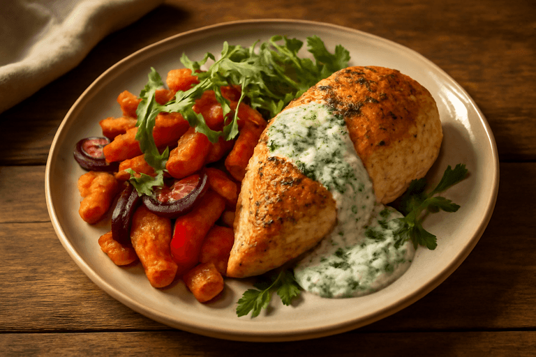 Saftig kyllingfilet med ovnsbakte grønnsaker og urtedressing