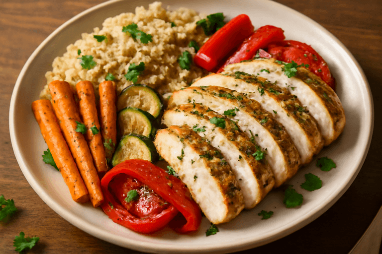 Poulet grillé aux herbes, légumes rôtis et quinoa