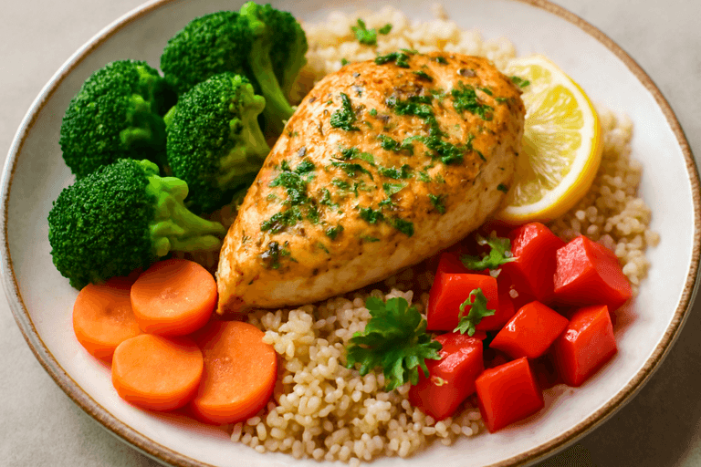 Zitronen-Kräuterhähnchen mit gedünstetem Gemüse & Quinoa